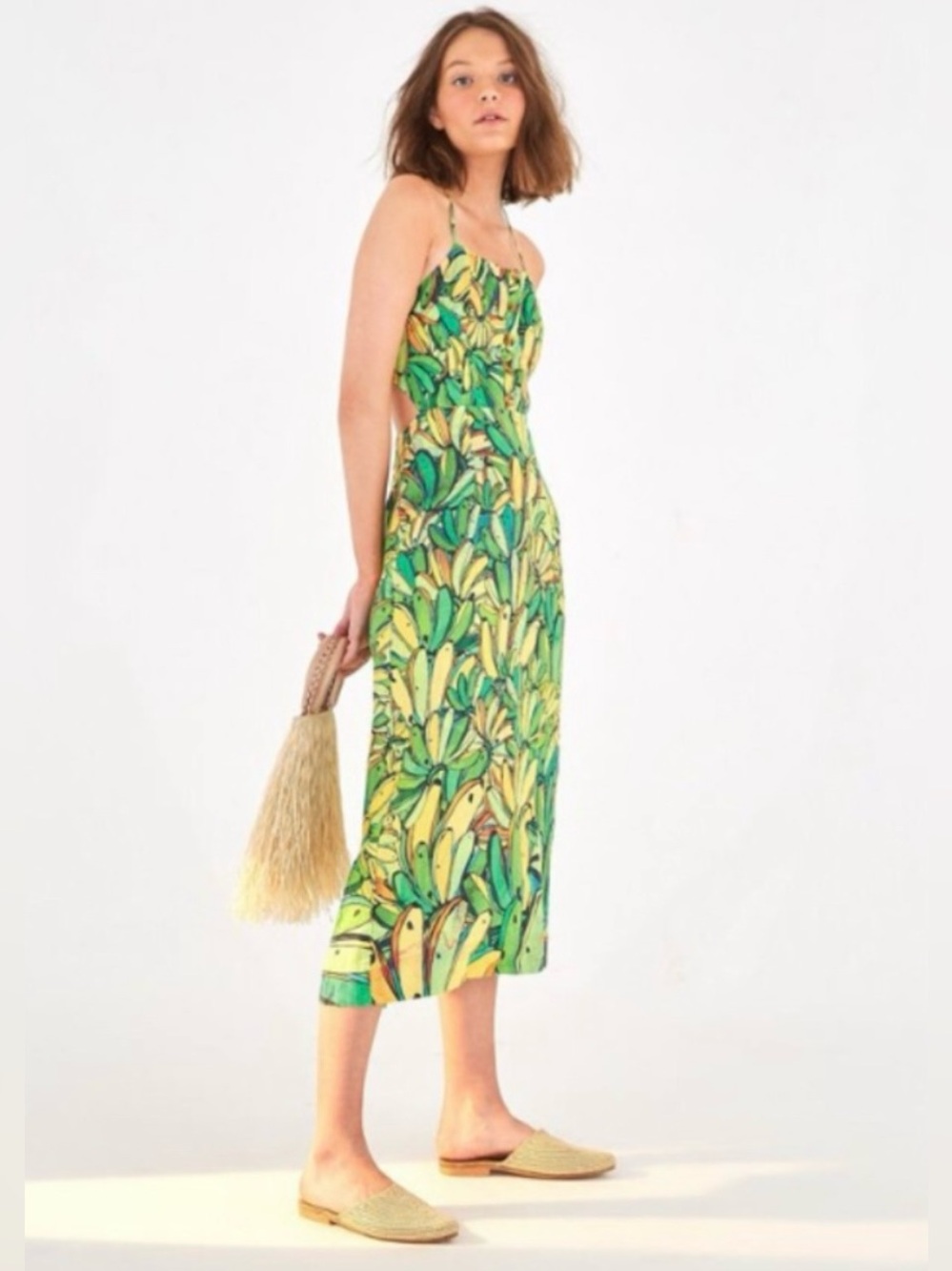 Farm Rio green banana linen midi open back tropical print dress beaded tassel